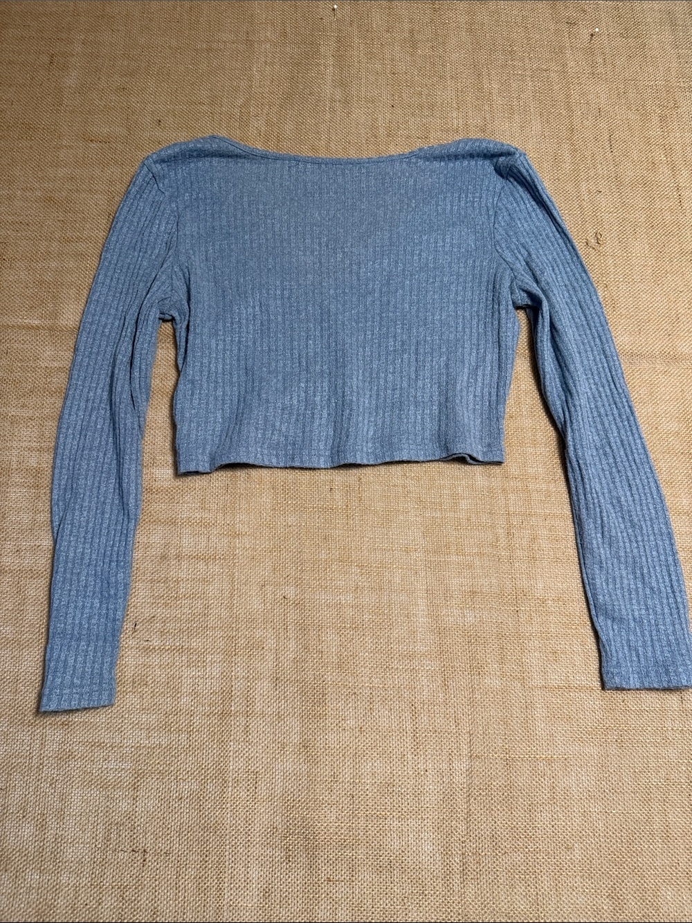 Blue Ribbed V-Neck Long Sleeve Crop Top - Picture 5 of 5
